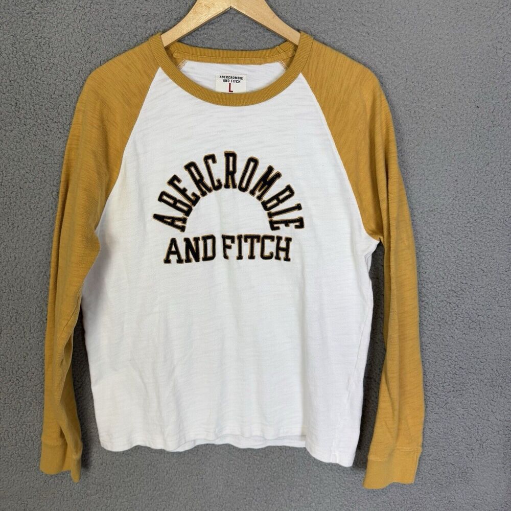 S Abercrombie Shirt Mens L White Yellow Spellout Long Sleeve Cotton Casual